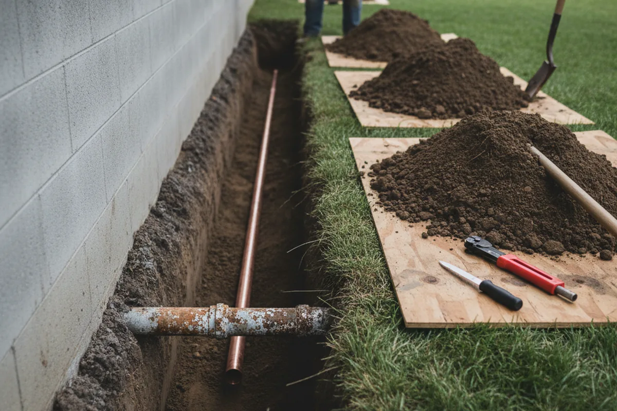 Excavated water line trench during Water Softener Installation in Sherman